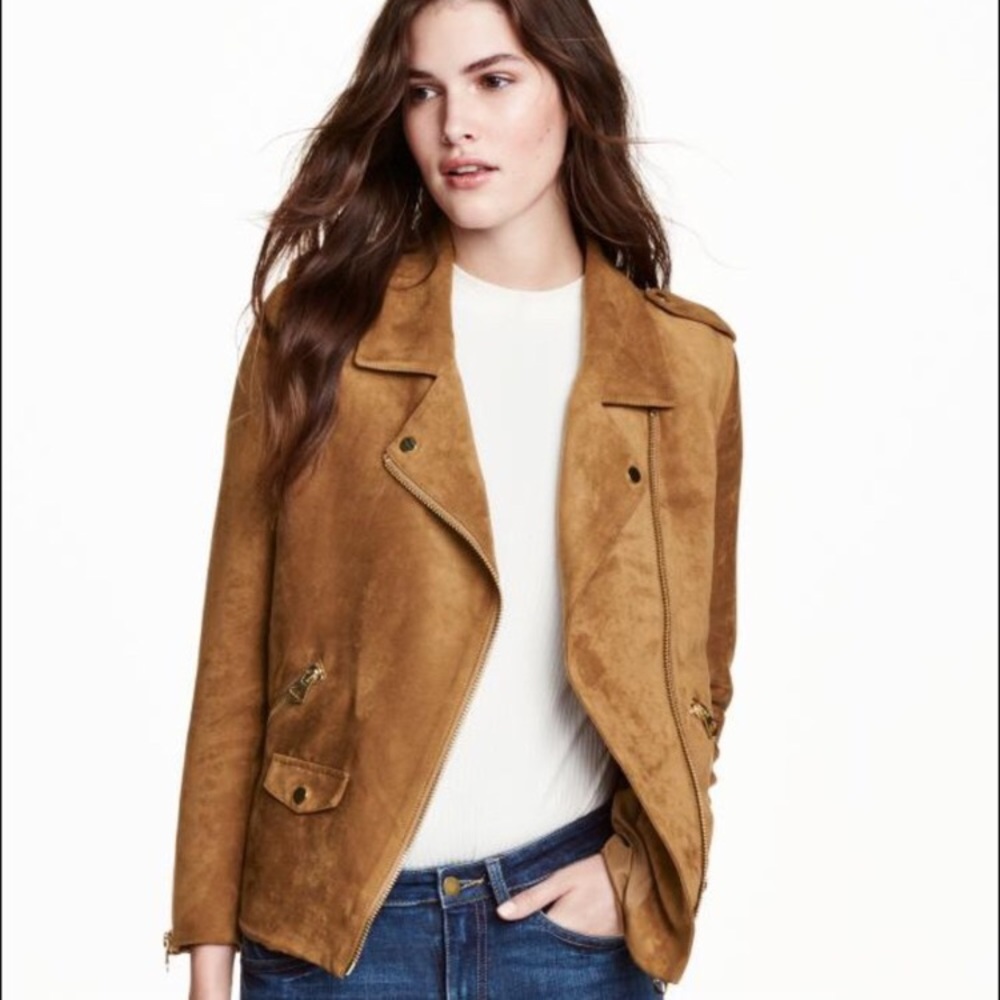 Final H&M Brown Faux Suede Biker Jacket Sz 16